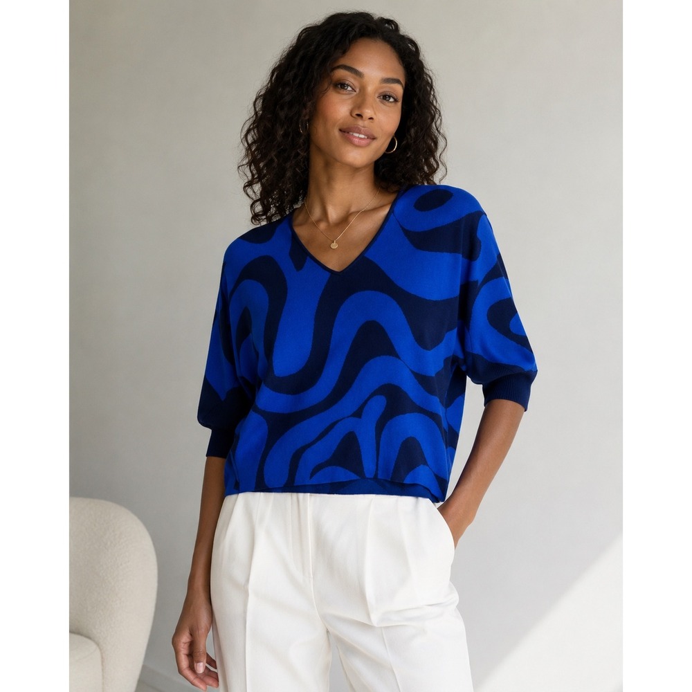 Kerisma Ryu Rumba Top Women S/M Blue Swirl Knit V-Neck Dolman Sleeve NWT